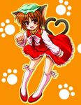  animal_ears brown_hair cat_ears cat_tail chen fang hat heart heart_tail kneehighs multiple_tails nagana_sayui paw_pose red_eyes short_hair socks solo tail touhou 
