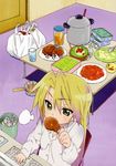  absurdres blonde_hair computer eating feast green_eyes groceries highres kuroi_nanako lonely lucky_star multicolored_hair solo tsurime 