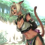  animal_ears arms_behind_back blonde_hair blue_eyes breasts cat_ears cat_tail cleavage commentary final_fantasy final_fantasy_xi gift headband holding holding_gift large_breasts midriff mithra navel open_mouth ponytail quot short_hair solo tail 