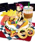  ame_(conronca) bacon blue_eyes blush buttons checkered checkered_floor drink engrish food french_fries hamburger mouth_hold multicolored multicolored_clothes multicolored_legwear onion_rings original pickle pillow print_legwear purple_hair ranguage short_hair sitting skirt solo striped thighhighs tomato uniform visor_cap 