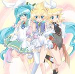  2girls animal_ears aqua_eyes aqua_hair asymmetrical_clothes blue_eyes blue_hair blush bunny_ears cat_ears cosplay detached_sleeves hair_ribbon hatsune_miku kagamine_len kagamine_rin long_hair moetan multiple_girls otoko_no_ko parody pastel_ink pastel_ink_(cosplay) ribbon short_hair shorts single_thighhigh smile spring_onion tempera_sumi tempera_sumi_(cosplay) thighhighs twintails uk_(honey666) very_long_hair vocaloid 