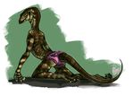  2014 akvz ambiguous_gender anthro arched_back black_eyes brown_scales butt claws clothing frilly green_background green_scales kneeling lizard looking_back monitor_lizard panties pink_panties plain_background reptile scalie solo stripes underwear 