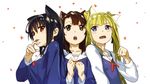  animal_ears bangs black_hair blonde_hair blue_eyes blush brown_eyes brown_hair cat_ears clenched_hands collarbone drooling fang finger_licking girl_sandwich highres kasumigaoka_utaha katou_megumi kemonomimi_mode licking long_hair long_sleeves looking_at_viewer multiple_girls open_mouth paw_pose rai32019 red_eyes saenai_heroine_no_sodatekata sandwiched sawamura_spencer_eriri school_uniform serafuku short_hair tongue tongue_out twintails 