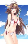  adapted_costume bikini bottle breasts brown_hair cleavage hairband headgear highres kantai_collection kongou_(kantai_collection) large_breasts long_hair one_eye_closed purple_eyes ramune ribbon-trimmed_swimsuit ribbon_trim shizuku_(shizukyuki) side-tie_bikini solo swimsuit 