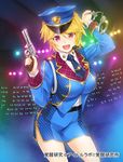  breasts cuffs gun handcuffs handgun hat highres kakusei_kenkyuu_idol_lab large_breasts necktie police police_hat police_uniform revolver solo uniform wacchi weapon yajima_chitose 