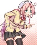  aqua_eyes black_legwear blazer blush breasts dansa dra+koi hand_in_pocket hat heroine_(dra+koi) jacket large_breasts leaning_forward long_hair open_mouth pink_hair pointing school_uniform skirt slit_pupils smile solo thighhighs 