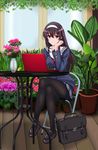  absurdres black_legwear chair collarbone computer crossed_legs flower hairband highres kasumigaoka_utaha laptop leaf long_hair long_legs long_sleeves nihility pantyhose plant pot purple_hair red_eyes saenai_heroine_no_sodatekata school_uniform shoes sitting skirt smile solo table vase window 