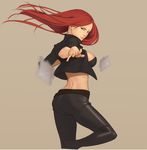 absurdres breasts brown_background green_eyes highres katarina_du_couteau kunai large_breasts league_of_legends lips long_hair looking_at_viewer midriff pants red_hair scar simple_background since solo tight tight_pants weapon 