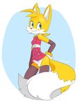  2015 anthro arm_warmers balls blue_eyes blush breasts canine crossgender dickgirl dress dress_lift eyelashes fox fur glans intersex legwear looking_away mammal miles_prower multiple_tails penis ring sega smile solo sonic_(series) sparkydb stockings thigh_highs uncut wristband yellow_fur 