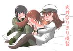  3girls blush brown_hair commentary_request drooling female_admiral_(kantai_collection) femdom hat highres hiromochi_jin kantai_collection kitakami_(kantai_collection) little_boy_admiral_(kantai_collection) long_hair military military_uniform multiple_girls naval_uniform ooi_(kantai_collection) pantyhose school_uniform serafuku translation_request uniform 