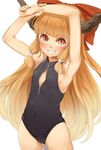  armpits arms_up black_swimsuit blush bow cameltoe flat_chest front_zipper_swimsuit grin hair_bow horns ibuki_suika jpeg_artifacts long_hair looking_at_viewer meme_attire nishiuri one-piece_swimsuit oni orange_eyes orange_hair ribbon simple_background smile solo swimsuit touhou white_background 