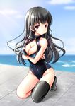  black_hair breasts chize cleavage front_zipper_swimsuit isokaze_(kantai_collection) kantai_collection large_breasts long_hair meme_attire one-piece_swimsuit red_eyes school_uniform serafuku solo swimsuit 