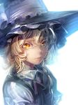  blonde_hair bow braid crying hair_bow hair_ornament hat hat_ribbon kirisame_marisa lips looking_at_viewer puffy_sleeves ribbon shirt short_hair short_sleeves side_braid simple_background single_braid solo tears touhou upper_body vest white_background witch_hat yellow_eyes zounose 