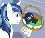  2014 absurd_res badumsquish basket blue_eyes blue_hair changeling dialogue english_text equine friendship_is_magic hair hi_res holes horn letter male mammal multicolored_hair my_little_pony shining_armor_(mlp) text unicorn 