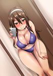  ashigara_(kantai_collection) ayuayu_(shouyu_no_sato) bikini blush breasts brown_eyes brown_hair cellphone cleavage hairband huge_breasts kantai_collection leaning_forward long_hair looking_at_viewer phone raised_eyebrow self_shot smile solo swimsuit thigh_gap thighs 