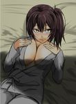  blush breasts brown_eyes brown_hair cleavage hands_on_own_chest kaga_(kantai_collection) kantai_collection large_breasts lying on_back on_bed shadow side_ponytail solo sweatdrop tapi_oka@kankore 