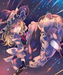  blonde_hair blue_eyes bow braid broom broom_riding cha_goma hair_bow hat hat_bow kirisame_marisa night night_sky open_mouth sash side_braid sky solo touhou witch_hat 