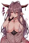  antenna_hair black_gloves blush breasts cleavage danua draph dress fingerless_gloves gloves granblue_fantasy hair_between_eyes horn_ornament horns jewelry large_breasts long_hair pendant pointy_ears purple_hair red_eyes shiroie_mika simple_background solo thumb_sucking white_background white_dress 