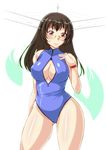  antennae ayato black_hair breasts choukai_(kantai_collection) front_zipper_swimsuit glasses kantai_collection large_breasts long_hair meme_attire one-piece_swimsuit red_eyes swimsuit 