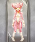  2015 bdsm bodysuit bondage bound breasts cat clothing collar dickgirl feline fursuit gender_transformation intersex looking_at_viewer mammal paws penis pink_body pink_suit_tf rubber skinsuit solo tetetor-oort transformation yellow_eyes 