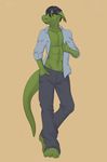  2015 abdomen anthro black_hair clothing drake_daigo guilmon1998 hair lizard male muscles navel open_shirt pants paws pecs piercing reptile scalie shirt yellow_eyes 