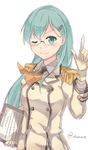  ascot bad_id bad_pixiv_id bespectacled clipboard collared_shirt cosplay double-breasted epaulettes glasses gloves green_eyes green_hair hair_ornament hairclip ido_(teketeke) jacket kantai_collection katori_(kantai_collection) katori_(kantai_collection)_(cosplay) long_hair looking_at_viewer military military_uniform one_eye_closed pointing pointing_up shirt smile solo suzuya_(kantai_collection) uniform upper_body white_background white_gloves 