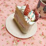  bad_id bad_pixiv_id blush cake cup food from_above fruit furoshiki kanacho komasan mug no_humans open_mouth photo_background plate sitting slice_of_cake solo sparkling_eyes strawberry strawberry_shortcake tablecloth youkai youkai_watch 