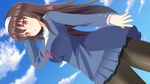  brown_hair cloud day hairband highres kasumigaoka_utaha long_hair long_sleeves looking_at_viewer open_mouth pantyhose red_eyes saenai_heroine_no_sodatekata school_uniform shizukage_(shizukageya) skirt sky solo 