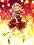  ascot bad_id bad_pixiv_id blonde_hair eredhen fire flandre_scarlet hat hat_ribbon laevatein mob_cap open_mouth pointing pointing_at_viewer puffy_short_sleeves puffy_sleeves red_eyes ribbon shirt short_sleeves side_ponytail skirt skirt_set solo touhou vest wings 