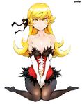  areola_slip areolae artist_name bad_id bad_pixiv_id bakemonogatari black_legwear blonde_hair blush breasts collarbone elbow_gloves frills gloves hair_ribbon highres kiss-shot_acerola-orion_heart-under-blade kunaboto long_hair monogatari_(series) nipple_slip nipples oshino_shinobu pantyhose ribbon sitting small_breasts solo v_arms wariza white_gloves yellow_eyes 