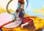  amaterasu_(p&amp;d) barefoot blue_eyes blue_hair hagoromo hakama headpiece japanese_clothes long_hair muneate nuda puzzle_&amp;_dragons red_hakama shawl sitting solo 