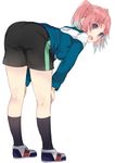  absurdres ass bent_over black_legwear blush breasts from_behind from_side full_body gym_shorts hands_on_own_knees highres jacket kneehighs kneepits kou_mashiro long_sleeves looking_at_viewer looking_back medium_breasts mikakunin_de_shinkoukei open_mouth pink_hair purple_eyes shoes short_hair short_twintails shorts simple_background single_vertical_stripe sneakers solo standing track_jacket twintails two_side_up white_background yonomori_kobeni 