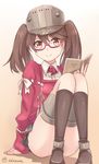  arm_support bespectacled black_legwear brown_background brown_eyes brown_hair brown_skirt convenient_leg glasses gradient_hair ido_(teketeke) japanese_clothes kantai_collection kariginu kneehighs knees_together_feet_apart knees_up looking_at_viewer magatama miniskirt multicolored_hair pleated_skirt ryuujou_(kantai_collection) semi-rimless_eyewear sitting skirt smile solo twintails twitter_username under-rim_eyewear visor_cap 