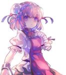 bandaged_arm bandages bow bun_cover cha_goma chain cuffs double_bun error flower highres ibaraki_kasen looking_at_viewer open_mouth pink_eyes pink_hair puffy_sleeves rose shirt short_hair short_sleeves simple_background skirt solo tabard touhou white_background 