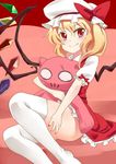  blonde_hair blush fang fang_out flandre_scarlet hand_on_leg hat long_hair looking_at_viewer mob_cap nail_polish nobori_ranzu red_eyes red_nails short_sleeves side_ponytail sitting sketch smile solo stuffed_animal stuffed_cat stuffed_toy thighhighs touhou wings 
