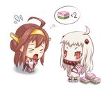  &gt;_&lt; ahoge begging brown_eyes brown_hair chibi closed_eyes commentary_request flying_sweatdrops headgear hiiro_(midori_no_kakera) hishimochi japanese_clothes kantai_collection kneeling kongou_(kantai_collection) mittens multiple_girls nontraditional_miko northern_ocean_hime shinkaisei-kan thighhighs white_hair white_skin 