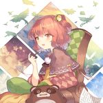  bell bird calligraphy_brush capelet chair hair_bell hair_ornament hillly_(maiwetea) japanese_clothes motoori_kosuzu paintbrush paper red_eyes red_hair tanuki touhou two_side_up 