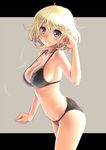  bikini black_bikini blonde_hair blue_eyes blush breasts cleavage cowboy_shot katahira_masashi large_breasts letterboxed original short_hair smile solo strap_gap swimsuit 