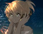  1boy aqua_eyes bishounen blonde_hair crying crying_with_eyes_open eyes_visible_through_hair fire_flower_(vocaloid) fireworks headphones high_ponytail holding kagamine_len looking_up male_focus off_shoulder parted_lips ponytail shirt short_sleeves solo tears upper_body vocaloid white_shirt yoruhachi 