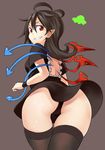  antenna_hair ass asymmetrical_wings black_background black_hair black_legwear black_panties blue_wings blush dress flying_saucer from_behind houjuu_nue long_hair looking_at_viewer looking_back nobori_ranzu panties pantyshot pointy_ears red_eyes red_wings short_dress simple_background smile solo space_craft thighhighs touhou ufo underwear upskirt wings 