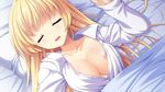  1girl areola_slip areolae bed blonde_hair breasts cleavage drooling eyes_closed female game_cg highres kishi&times;kano kishiã—kano large_breasts long_hair lying mikado_asuha minatsuki_alumi no_bra open_mouth pillow sleeping smile solo unbuttoned under_covers 