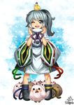  animal animal_on_head bird bird_on_head blue_eyes chick chicken hat long_sleeves mononobe_no_futo on_head one_eye_closed open_mouth ponytail ribbon-trimmed_sleeves ribbon_trim shirt silver_hair skirt smile solo touhou umigarasu_(kitsune1963) wide_sleeves 