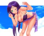  :d bent_over bikini breasts cleavage cloud day green_eyes hair_bobbles hair_ornament large_breasts long_hair love_live! love_live!_school_idol_project low_twintails open_mouth purple_hair sarong sky smile solo swimsuit toujou_nozomi twintails zimajiang 