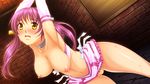  armpits arms_up blush breasts butcha-u collar game_cg large_breasts long_hair nipples panties purple_hair revenge_room shinmachi_momo solo twintails underwear yellow_eyes 