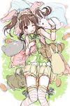  ;d blush brown_hair bunny idolmaster idolmaster_cinderella_girls kirisawa_saki ogata_chieri one_eye_closed open_mouth sketch smile solo striped striped_legwear thighhighs twintails 