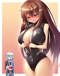  1girl blood blush breasts brown_hair chibi chibi_inset cleavage front_zipper_swimsuit full-face_blush glasses highres huge_breasts inconvenient_breasts long_hair m.u.g.e.n meme_attire morichika_rinnosuke nosebleed one-piece_swimsuit opaque_glasses original red_eyes sendai_hakurei_no_miko solo_focus swimsuit thumbs_up touhou undersized_clothes unzipped very_long_hair yin_yang z.o.b 