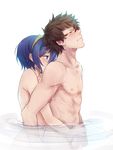  1girl abs assertive black_hair blue_eyes blue_hair blush couple fire_emblem fire_emblem:_kakusei hairband handjob height_difference hetero lucina nude partially_submerged penis reach-around ronku short_hair spiked_hair standing tusia wading wet 