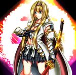  armored_jacket blonde_hair female fighting_stance gonbutomen green_eyes hairband katana piyopiyomen skirt solo sword weapon 