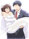  1girl bags_under_eyes blush breasts bridal_gauntlets brown_hair carrying dress faceless faceless_male fang flying_sweatdrops formal large_breasts open_mouth original princess_carry shimejix short_hair suit sweat tuxedo veil wedding_dress white_background 