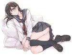  blush full_body kirisawa_saki kneehighs loafers long_hair looking_at_viewer lying on_side original panties pillow school_uniform serafuku shoes simple_background solo underwear white_background 